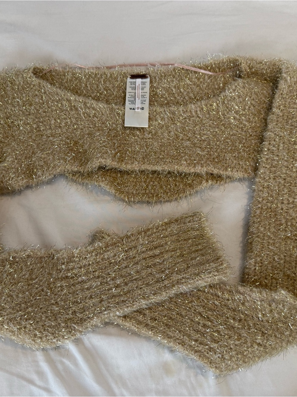 Free People Metallic Cream Gold Fuzzy Open-Front Shrug